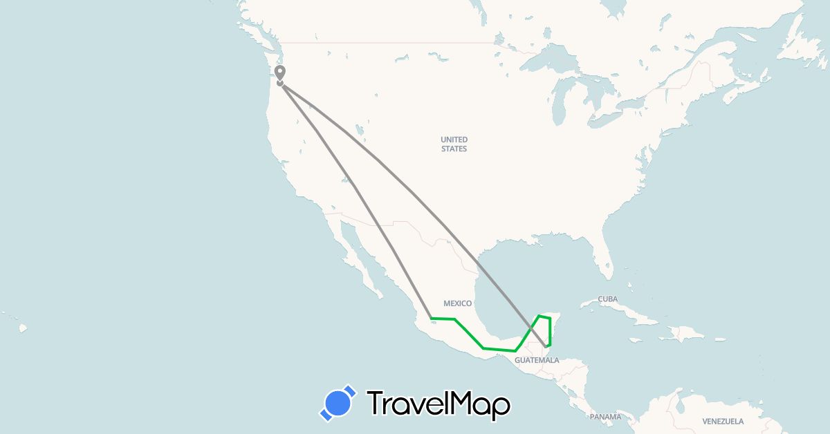 TravelMap itinerary: driving, bus, plane in Belize, Mexico, United States (North America)