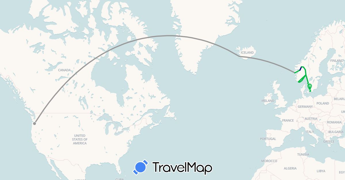 TravelMap itinerary: driving, bus, plane in Denmark, Iceland, Norway, Sweden, United States (Europe, North America)