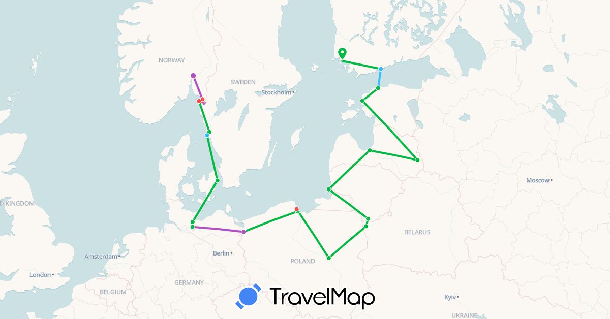 TravelMap itinerary: driving, bus, train, hiking, boat in Belarus, Germany, Denmark, Estonia, Finland, Lithuania, Latvia, Norway, Poland, Sweden (Europe)