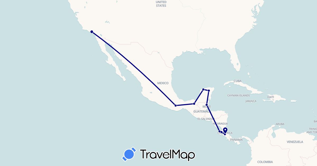 TravelMap itinerary: driving in Belize, Costa Rica, Mexico, United States (North America)