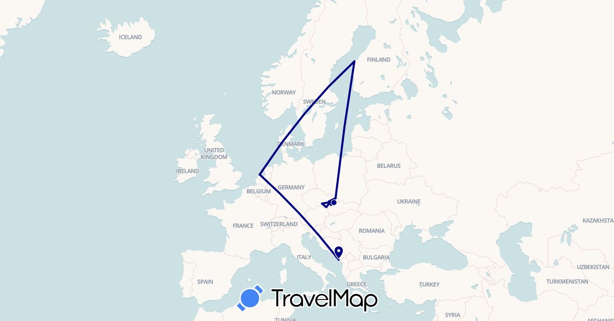 TravelMap itinerary: driving in Czech Republic, Finland, Montenegro, Netherlands (Europe)